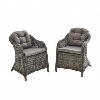 Chaises lecco - Lot de 2 fauteuils résine tressée grise aspect rotin coussins beiges