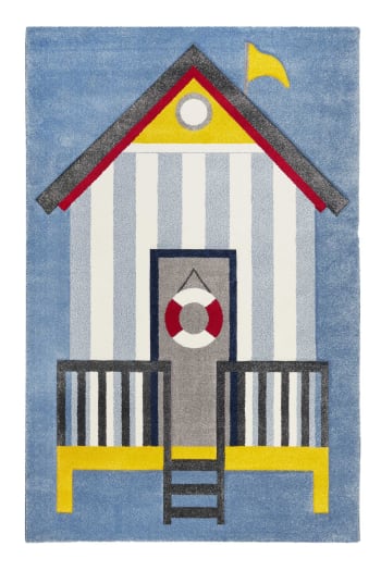 Sea castle - Blauer weicher Kinderteppich mit Strandhaus Motiv 120x170