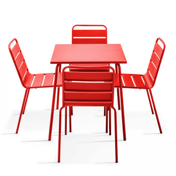 Palavas - Ensemble table de jardin et 4 chaises en métal rouge