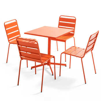 Palavas - Mesa de jardín cuadrada y conjunto de 4 sillas naranjas