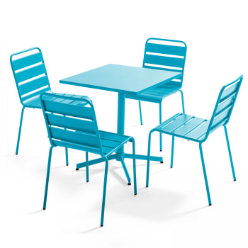 Palavas - Ensemble table de jardin carrée et 4 chaises bleu