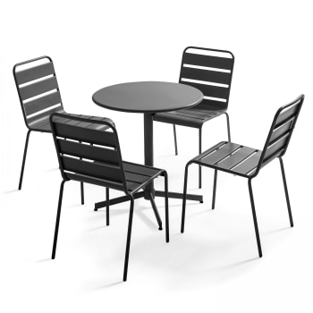 Palavas - Ensemble table de jardin ronde et 4 chaises anthracite
