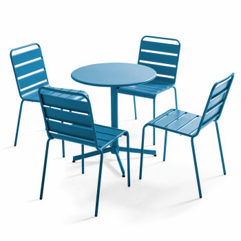 Palavas - Ensemble table de jardin ronde et 4 chaises bleu pacific