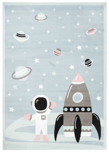 BABY - Alfombra para niños azul gris blanco rosa negro cohete 180 x 250 cm