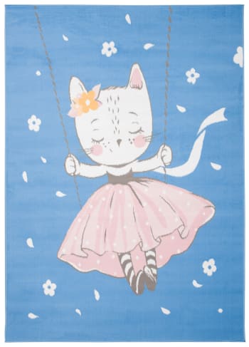JOLLY - Alfombra para niños azul blanco rosa negro gato fina 160 x 220 cm