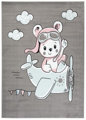 BABY - Alfombra para niños gris azul rosa oso avión suave 140 x 200 cm