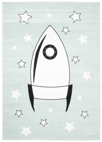 BABY - Alfombra para niños azul claro blanco negro cohete 80 x 150 cm