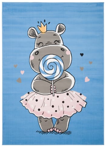 JOLLY - Alfombra para niños azul rosa gris blanco hipopótamo fina 160 x 220 cm