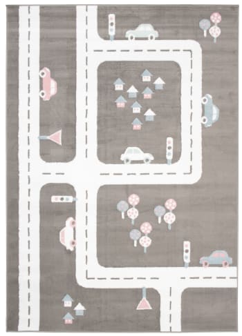 BABY - Alfombra para niños gris blanco carretera ciudad suave 120 x 170 cm