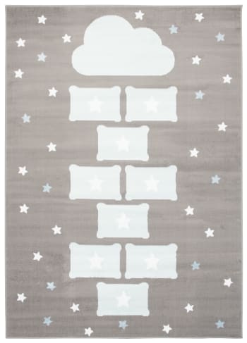 BABY - Alfombra para niños gris blanco azul rayuela estrellas 140 x 200 cm