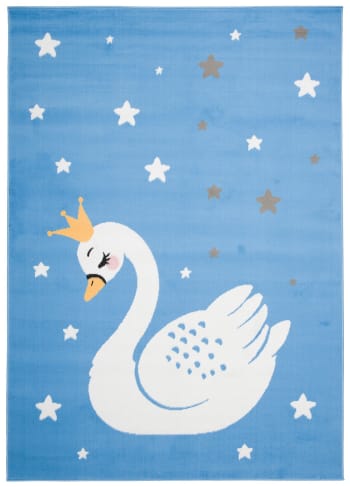 JOLLY - Alfombra para niños azul blanco gris amarillo cisne fina 80 x 150 cm