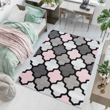 Tappeto Bambini Cuore Stellato - 140x200 Cm, Rosa Bianco Grigio, Antiallergico, Altezza 13 Mm