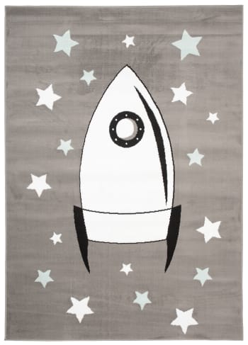 BABY - Alfombra para niños gris blanco negro azul cohete suave 140 x 200 cm