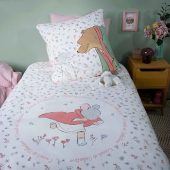 Parure de lit 2 pièces Enfant 1 personne Garçon en coton 57 fils imprimé  Cirque blanc Set de Housse de couette 140x200cm +2 Taies d'oreiller 63x63  cm avec Fermeture Boutons