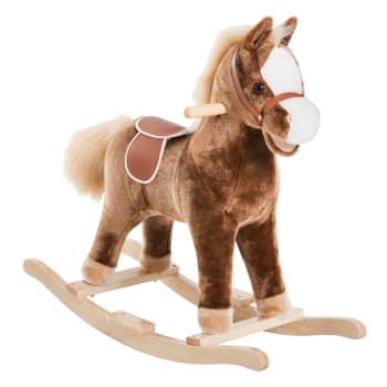 Cavallo a dondolo cavalcabile bambini in legno peluche marrone