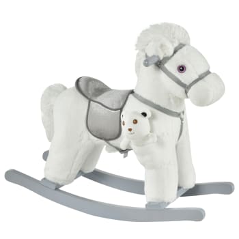 Cavallo a dondolo per bimbi con suoni e orsetto peluche e legno bianco