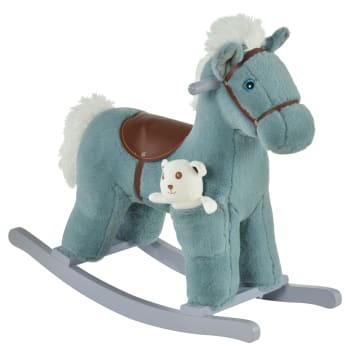 Cavallo a dondolo per bimbi con suoni e orsetto in peluche e legno blu