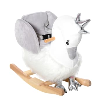 Dondolo giocattolo cigno per bambini legno e peluche bianco e grigio