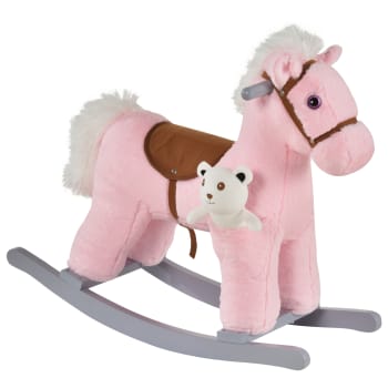 Cavallo a dondolo per bimbi con suoni e orsetto in peluche legno rosa