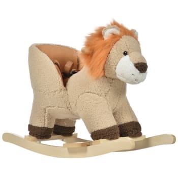 Dondolo giocattolo leone per bambini ruggisce legno e peluche marrone