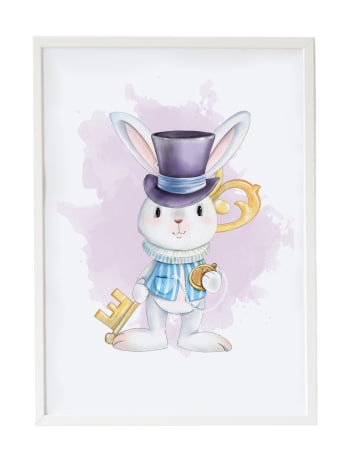 DECOWALL - Stampa coniglio con chiave in legno bianca incorniciata 43X33 cm