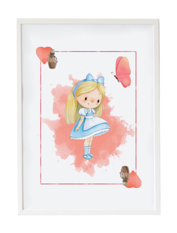 DECOWALL - Impression Coeurs de lettres Alice encadrée en bois blanc 43X33 cm