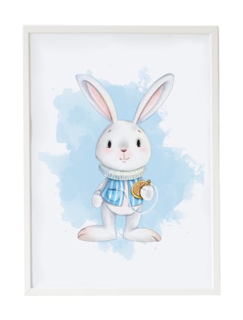 DECOWALL - Impression lapin horloge encadrée en bois blanc 43X33 cm