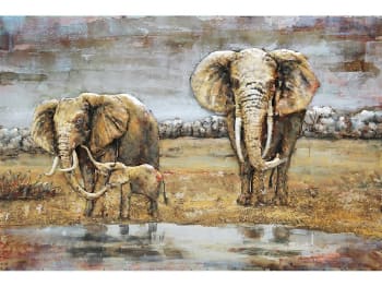 MÉTAL BRASS - Tableau relief en métal éléphants en famille 120x80