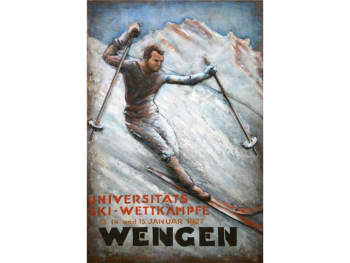 MÉTAL BRASS - Tableau relief en métal compétition de ski en 1927 120x80