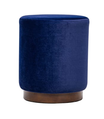 Pouf en velours bleu et base en bois