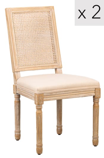 Lot de 2 chaises en bois et cannage avec assise en tissu beige