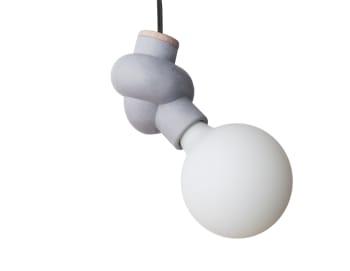 NOEUD - Lampe à suspendre en béton et bois cordon noir ampoule LED porcelaine