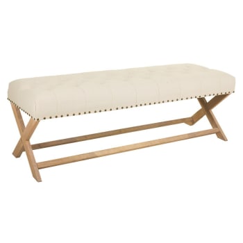 Banquette rembourrée en bois d'hévéa, coton/lin beige