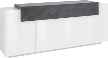 Loris - Buffet 5 portes effet bois en blanc brillant et gris cendre