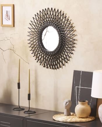 Miroir mural rotin rosace 56 cm noir