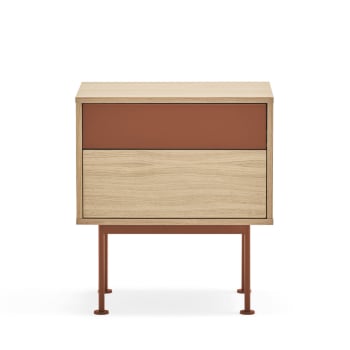 Yoko - Table de chevet 2 tiroirs en bois et métal rouge brique