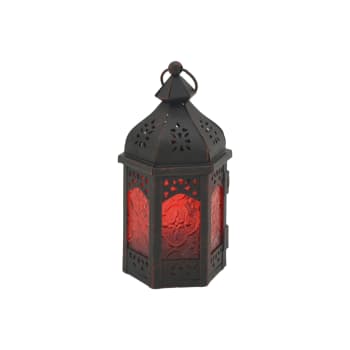 ETNICO - Lanterne ethnique 9x8x17 cm en métal et verre noir et rouge