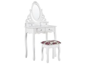 Amour - Tavolino da toeletta 4 cassetti con specchio ovale e sgabello bianco