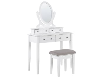Lune - Tavolino da toeletta 4 cassetti con specchio ovale e sgabello bianco