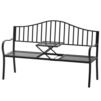Outsunny - Panchina da giardino 2 persone con tavolino estensibile metallo nero