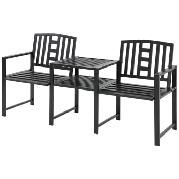 Outsunny - Panchina da esterno con tavolo e foro per ombrellone in acciaio nero