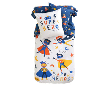 SUPER HEROS - Housse de couette enfant réversible 200x200 bleue en coton