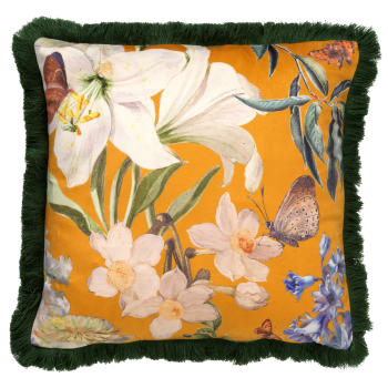 Housse de coussin jaune en velours-45x45 cm avec motif fleuri