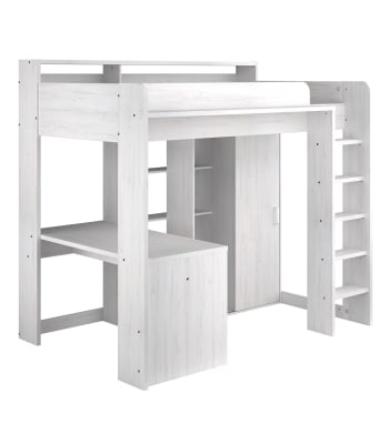Pierrick - Mezzaninbett in weiß mit Schreibtisch und Stauraum 90x200 cm