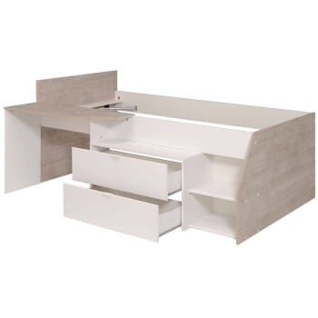 Pierrot - Lit combiné effet bois avec 2 tiroirs et 1 bureau, 90x190 cm
