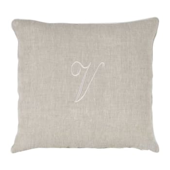 LEONARDO - Cuscino arredo in lino con ricamo e piping di cotone bianco