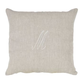 LEONARDO - Cuscino arredo in lino con ricamo e piping di cotone bianco
