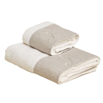 LEONARDO - Set Asciugamano Viso + Ospite in spugna con ricamo bianco