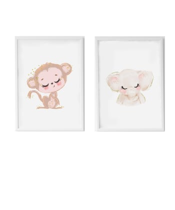 DECOWALL - Pack Láminas Monkey and Elephant enmarcada madera blanca 43X33 cm