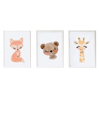 DECOWALL - Pack encadré bois blanc impression le renard et giraffe ours 43X33 cm